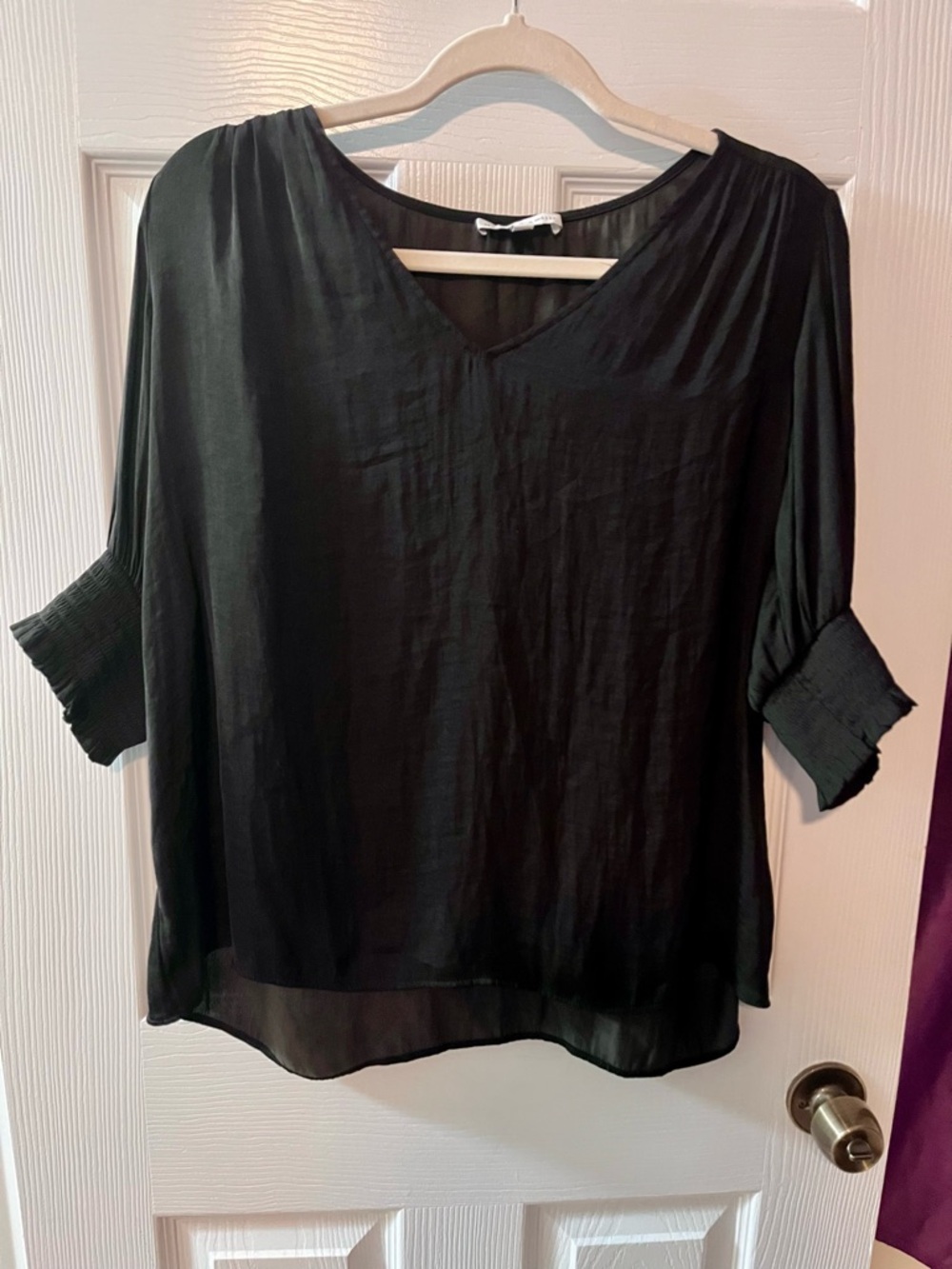 Maison d’Amélie Women's Black V-Neck Blouse with Smocked Cuffs